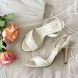 Something Bleu Chicago Ivory Satin Slingback Feather Open Toe Heels, Size 38